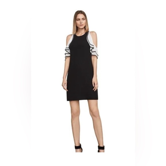 NWT BCBGMAXAZRIA NORAH  B/W COLD SHOULDER RUFFLE SLEEVES SHIFT DRESS SIZE L $228 - Picture 1 of 9